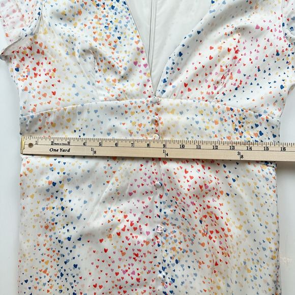 Hutch Multi Color Heart Maxi Dress White Satin Hi Low short sleeves V-neck 10 - Picture 14 of 15